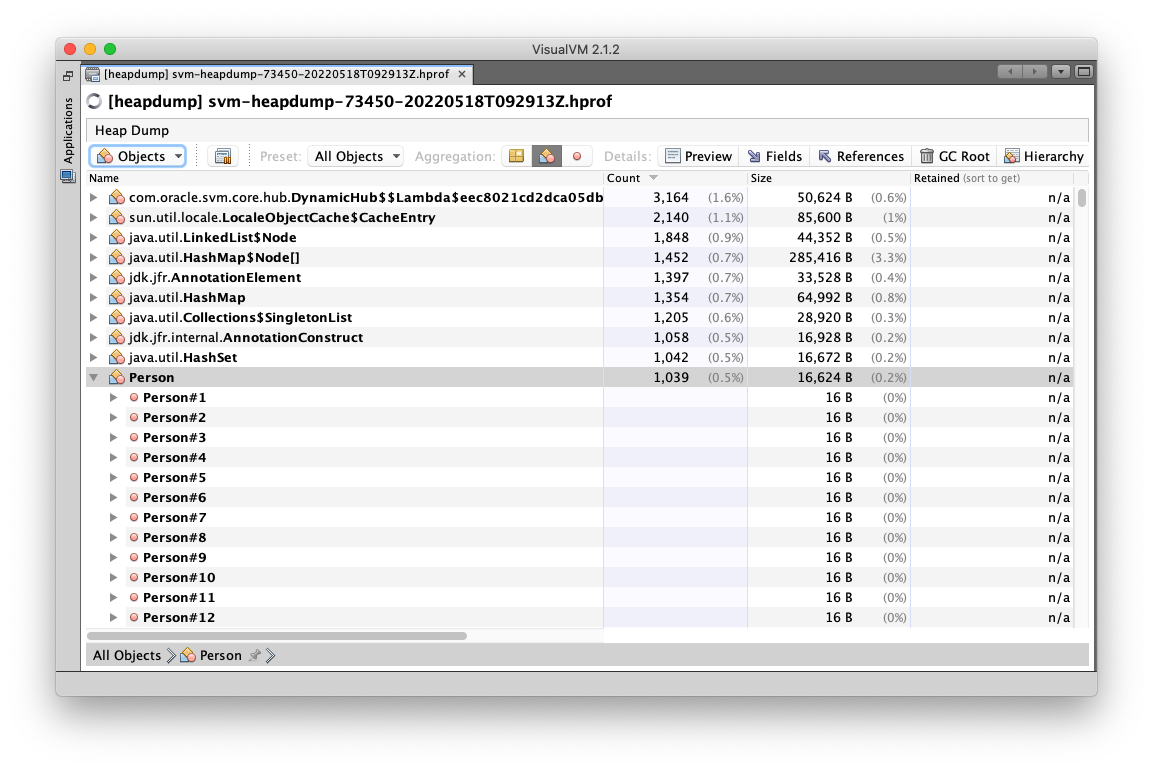 Native Image Heap Dump View in VisualVM