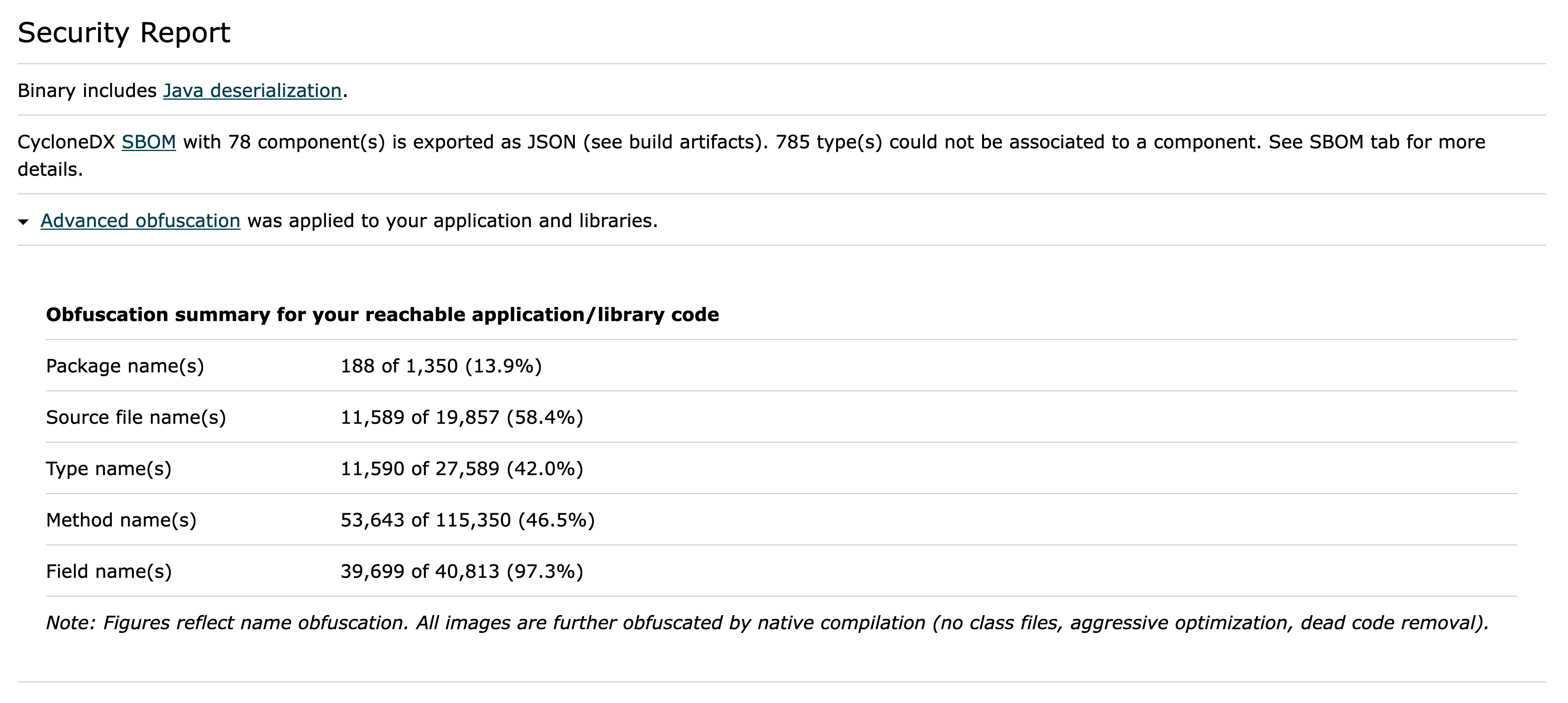 Obfuscation Summary in the Build Report