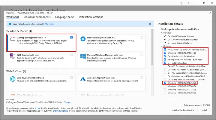 Select Desktop development with C++